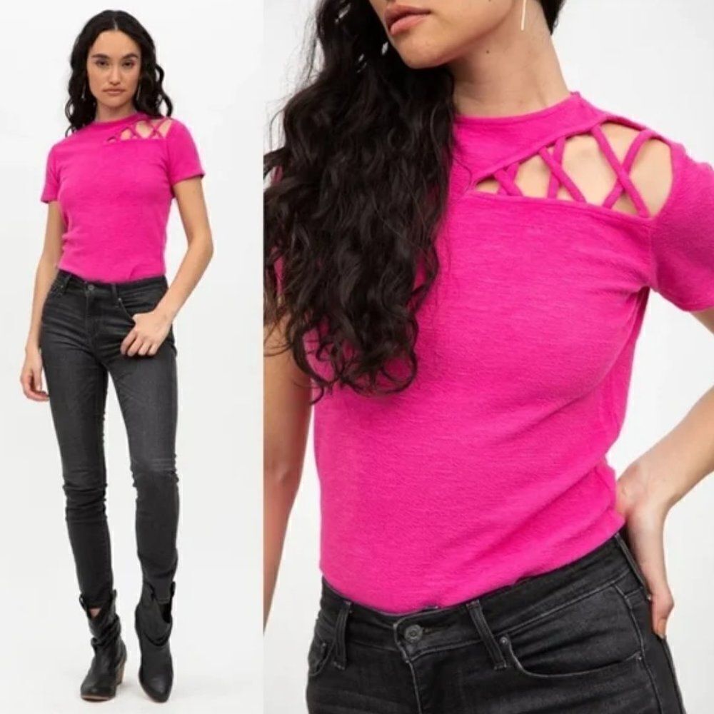 n:Philanthropy REVOLVE NWT Hot Pink Cut Out Ribbed Bodysuit Size Small